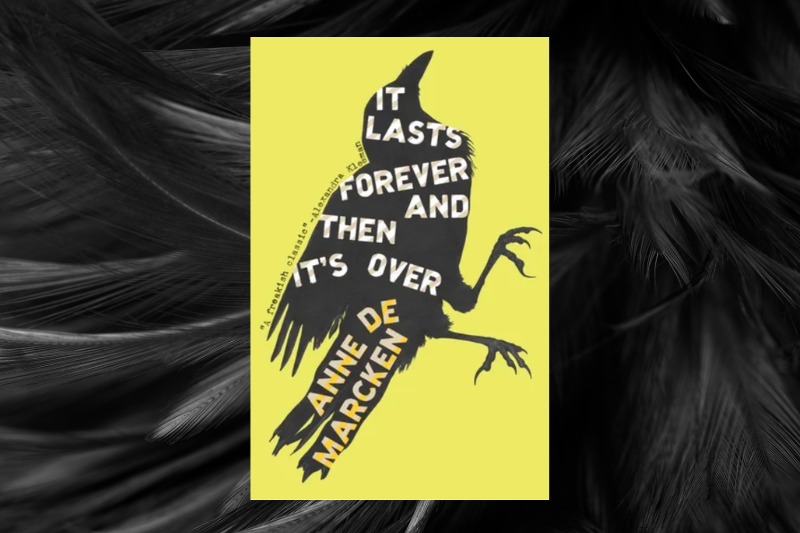 Green book cover with a crow on it against black feather background
