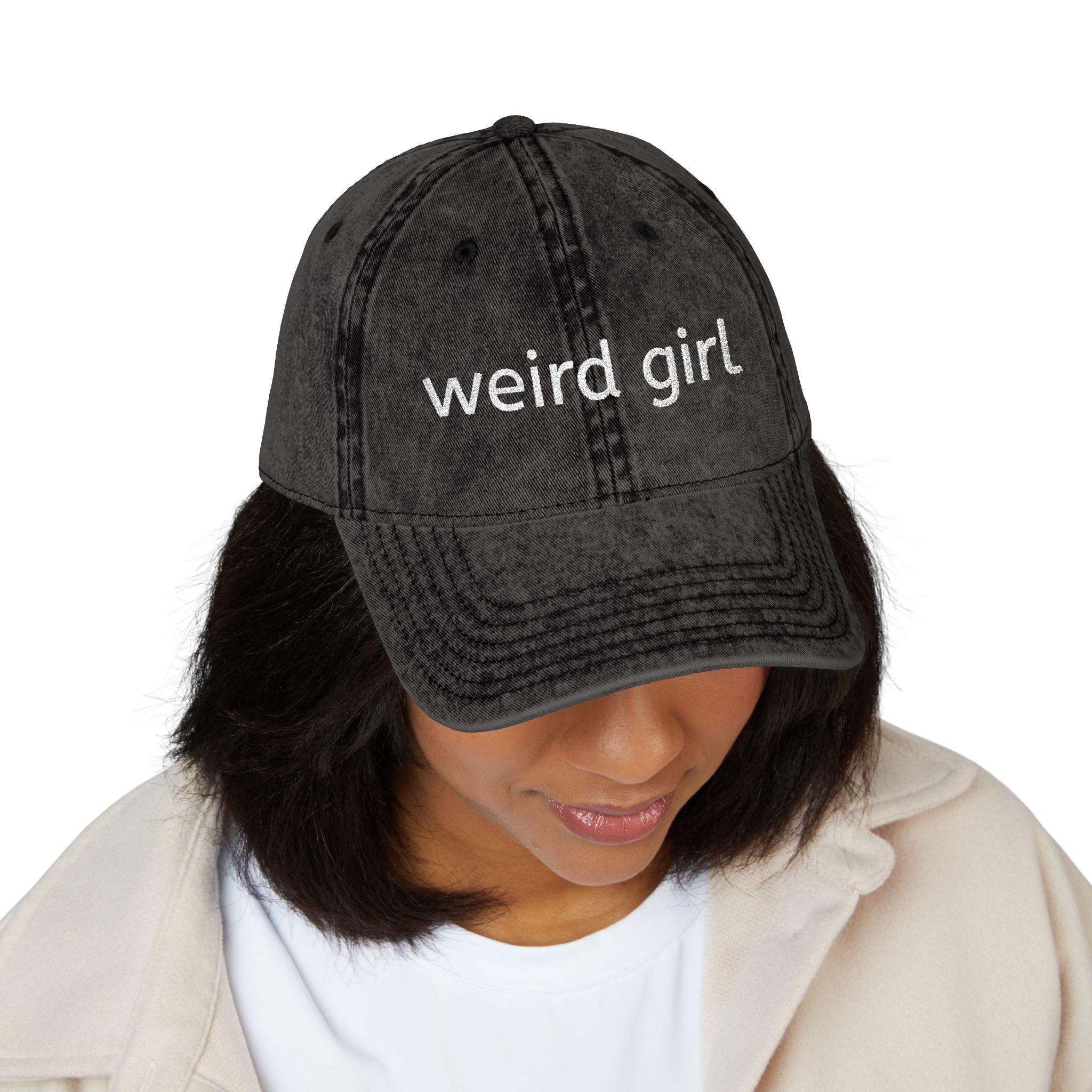 weird girl Vintage Cap, Embroidered Baseball Hat | Distressed Black