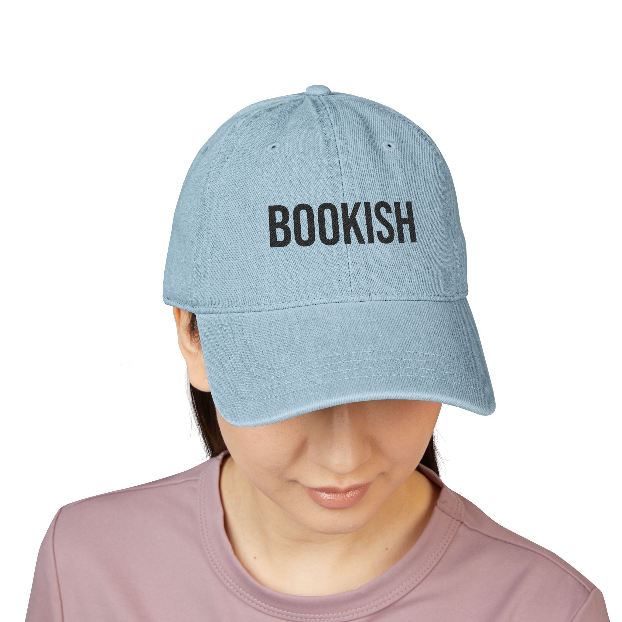 Bookish Denim Hat — Embroidered Light Blue Baseball Cap for Readers