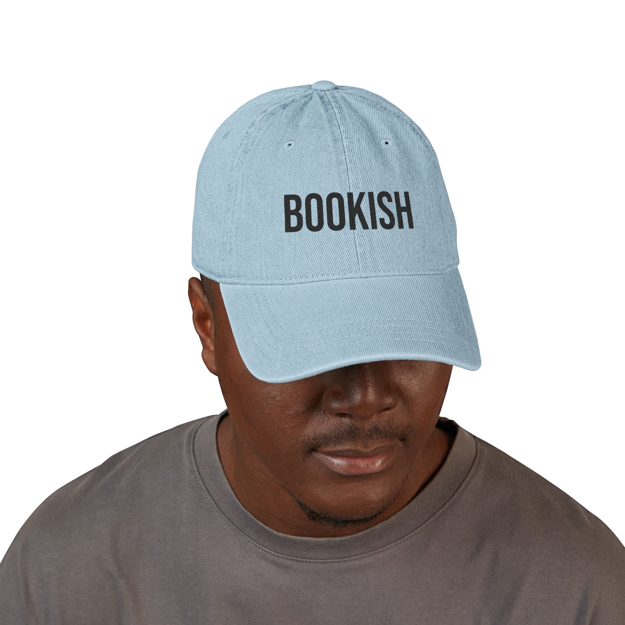 Bookish Denim Hat — Embroidered Light Blue Baseball Cap for Readers