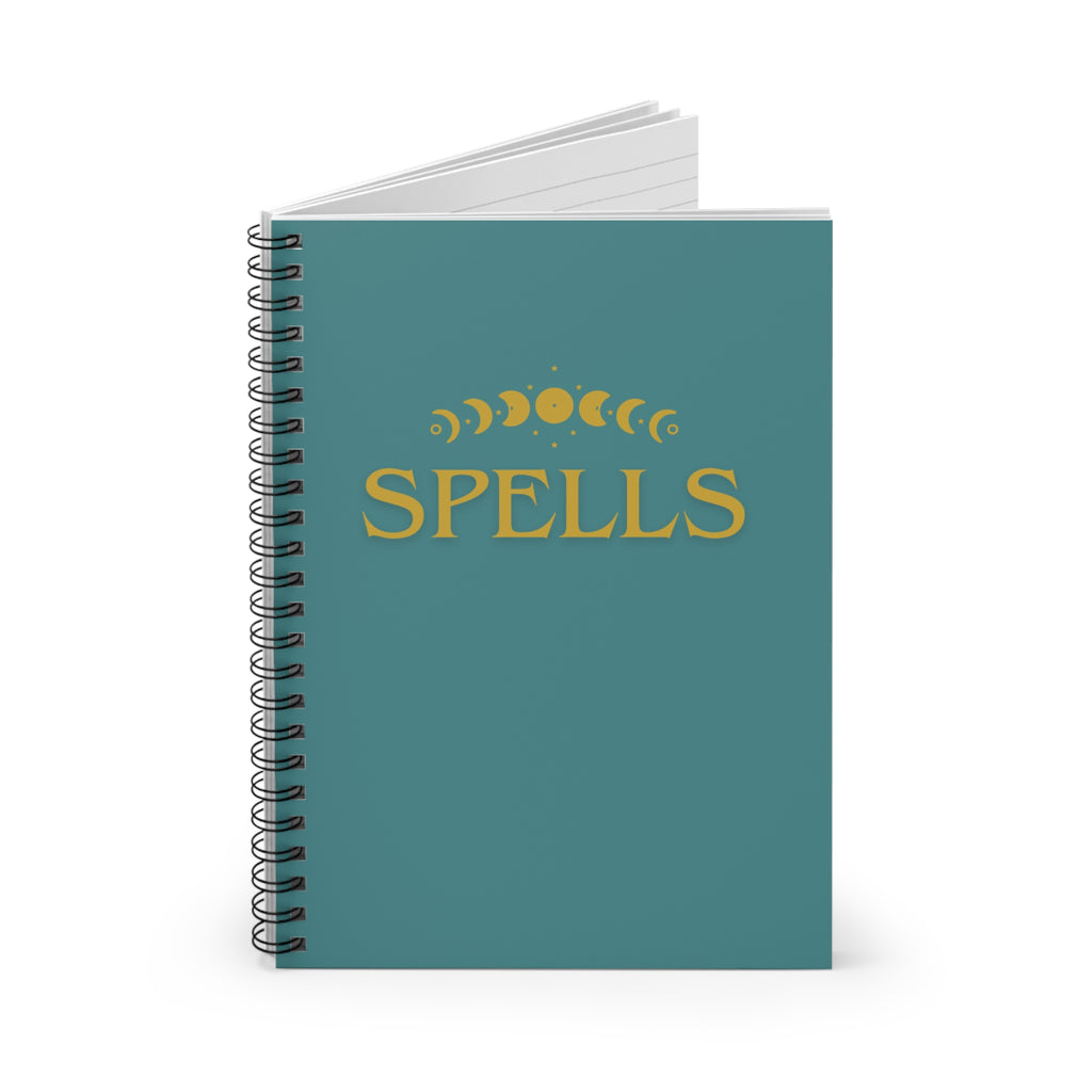 Spells Spiral Notebook — Gold Moon Phase Witchy Journal (Ruled)