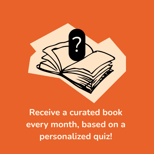 Open book with a question mark on an orange background, promoting a book subscription service.