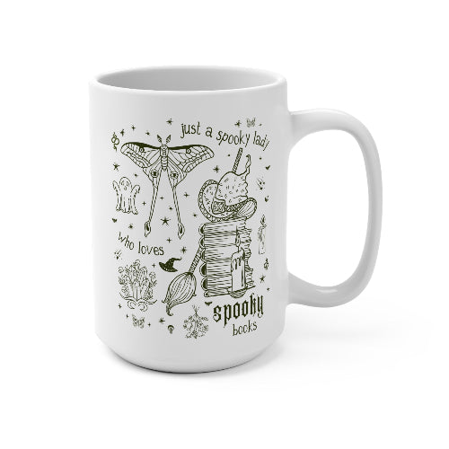white mug with spooky girl design