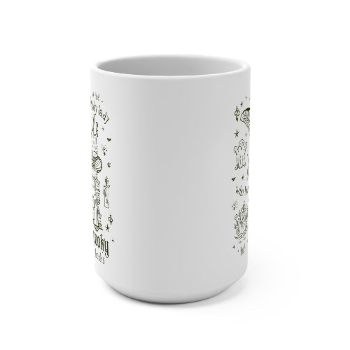white mug with spooky girl design - side