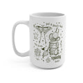 White mug with black illustrations and text on a white background
