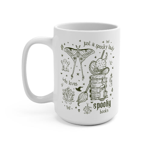 White mug with black illustrations and text on a white background